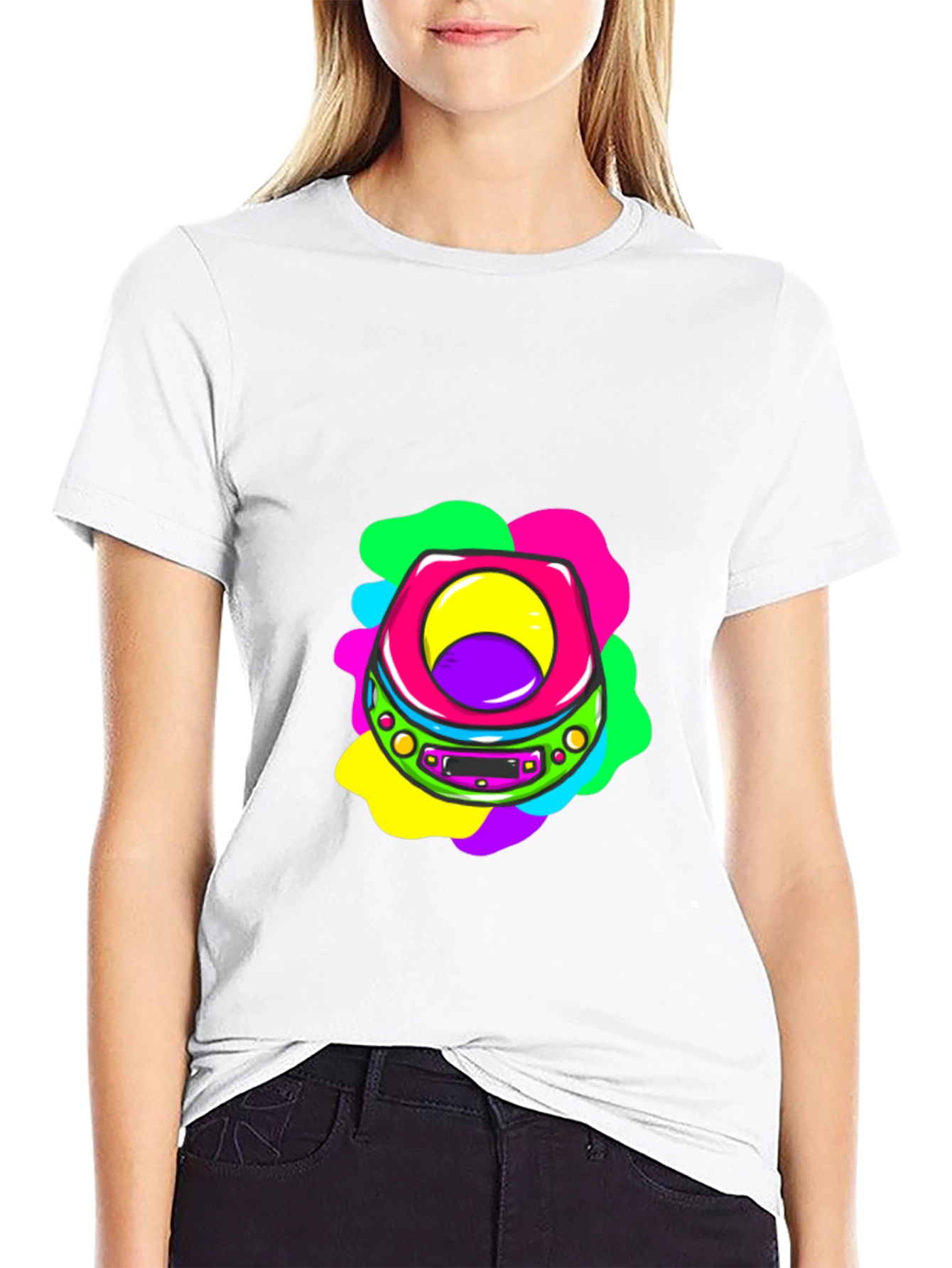 Retro CD Player Graphic Tee - Black Cotton T-Shirt