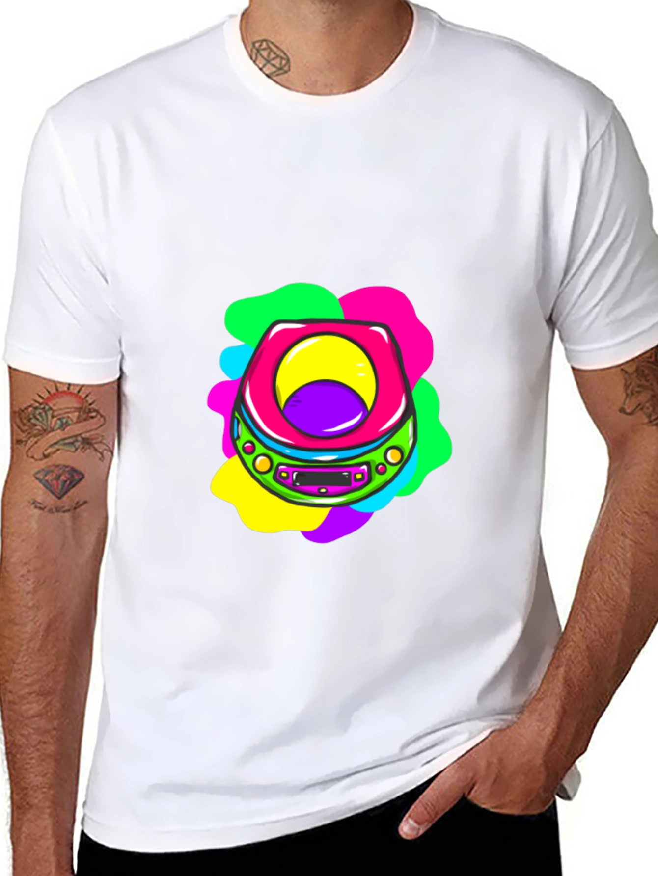 Retro CD Player Graphic Tee - Black Cotton T-Shirt