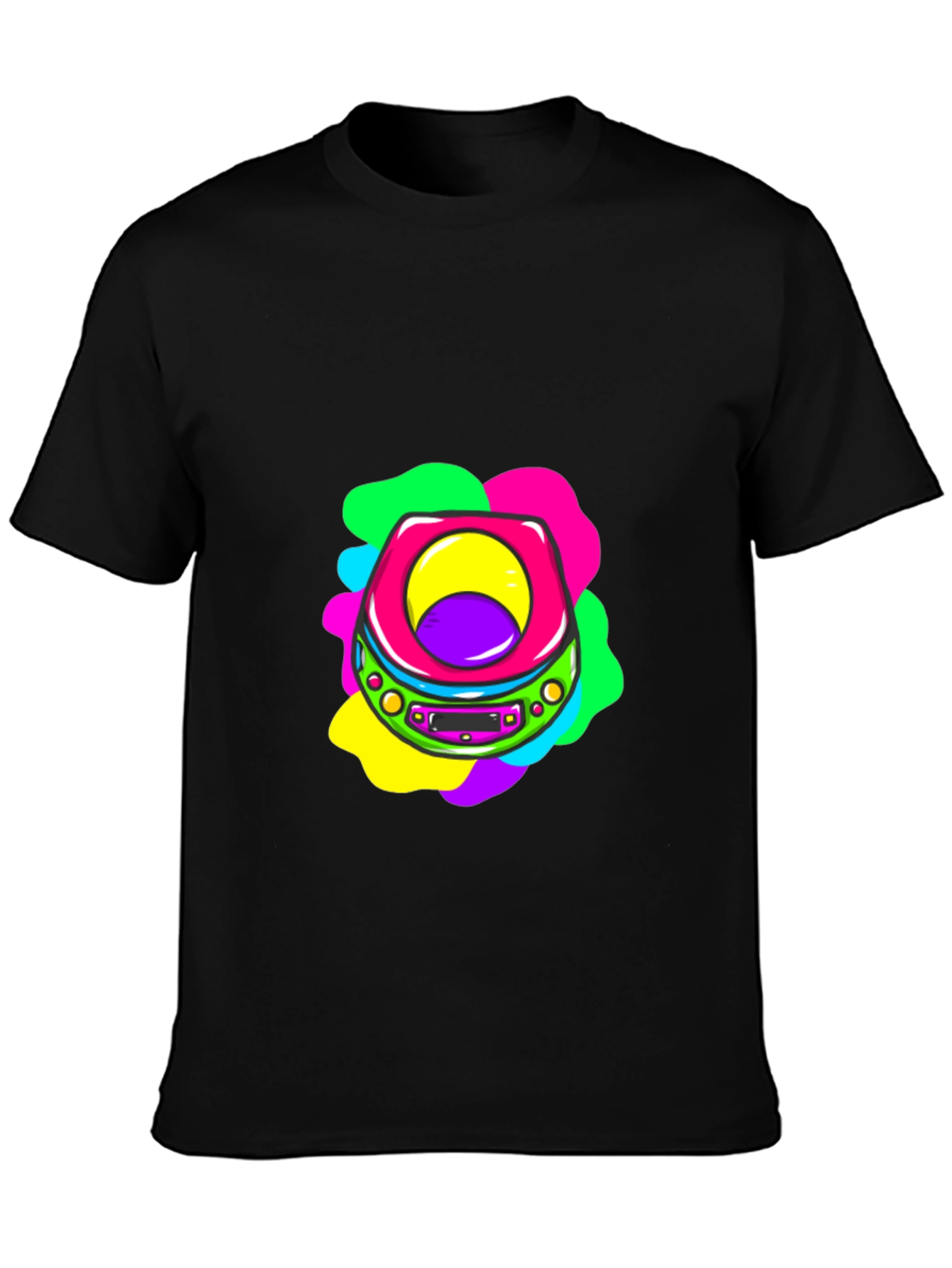 Retro CD Player Graphic Tee - Black Cotton T-Shirt