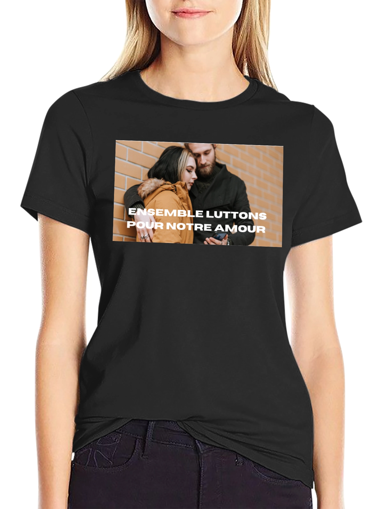 Trendy Black Tee with Love Graphic