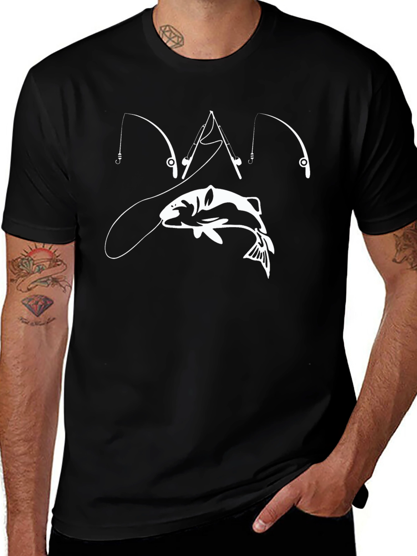 Fishing Rod & Fish Graphic T-Shirt - Black