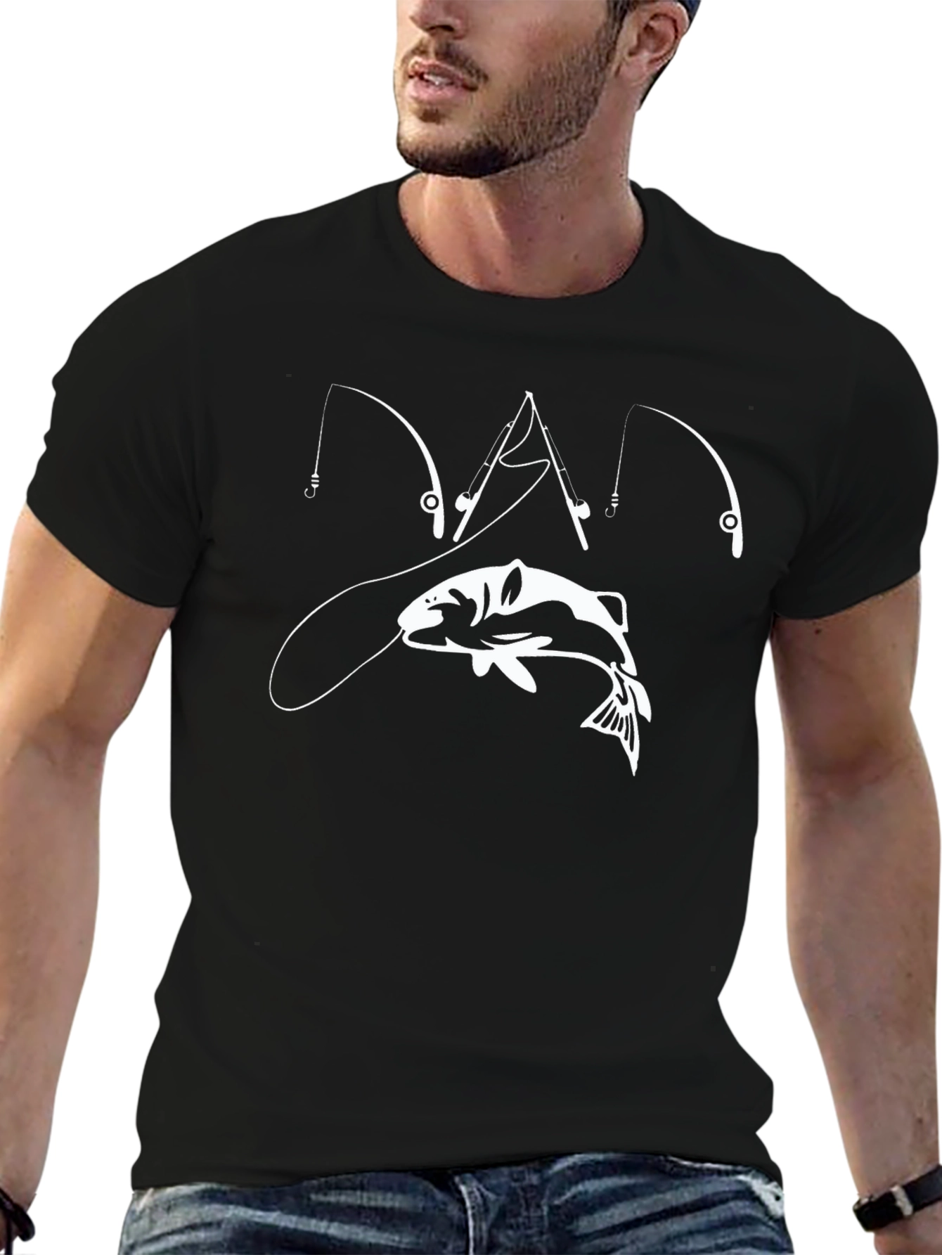 Fishing Rod & Fish Graphic T-Shirt - Black