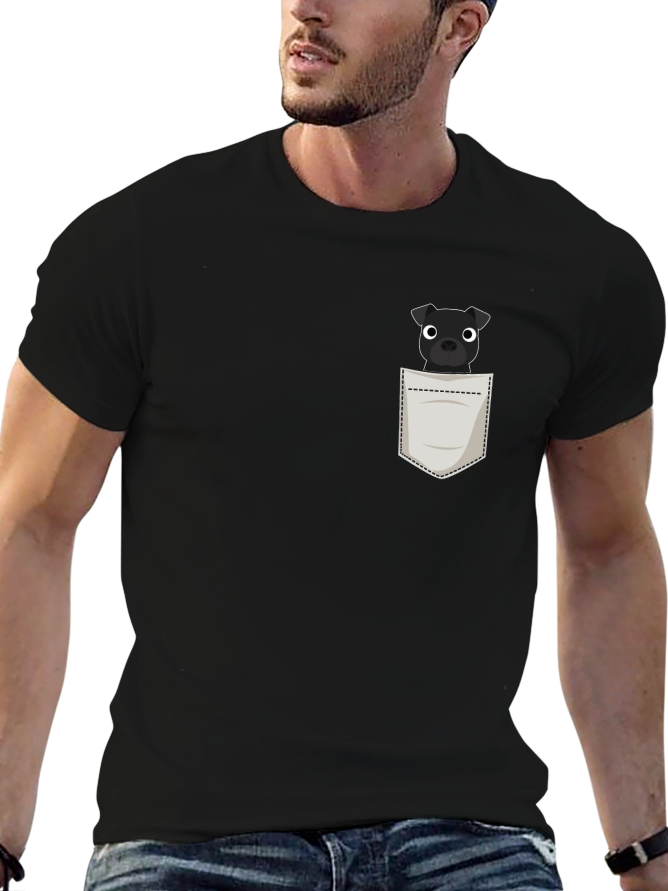 Mens Black T-Shirt with Dog in Pocket Graphic