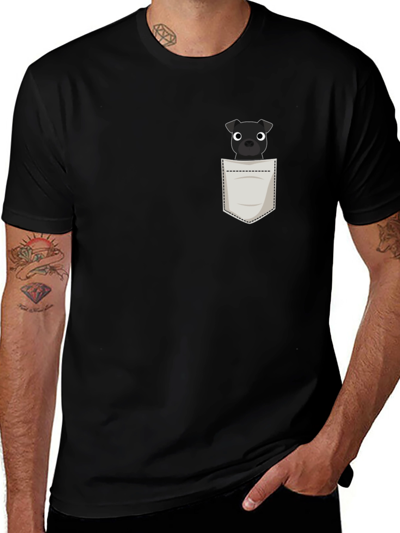 Mens Black T-Shirt with Dog in Pocket Graphic