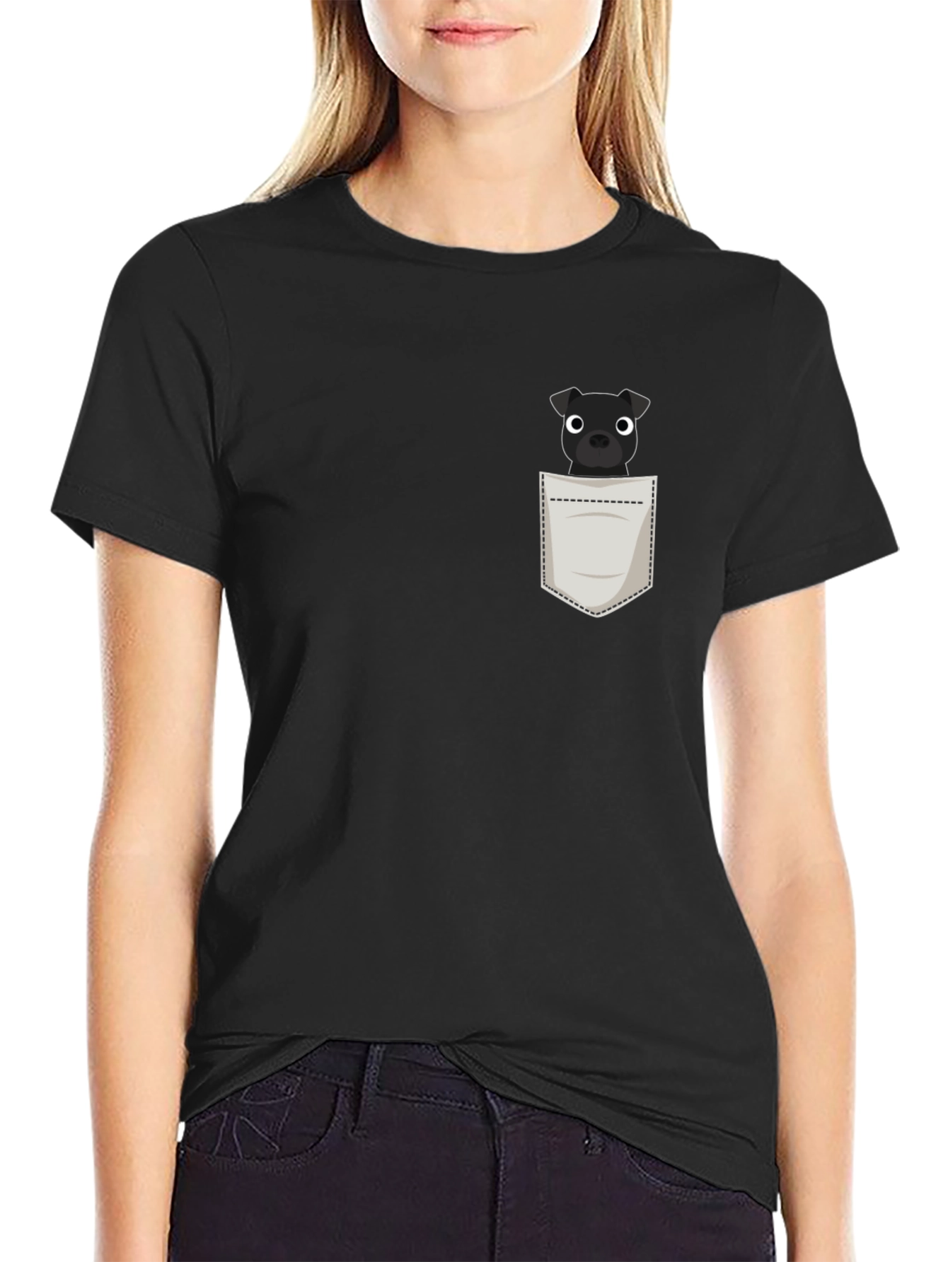 Mens Black T-Shirt with Dog in Pocket Graphic