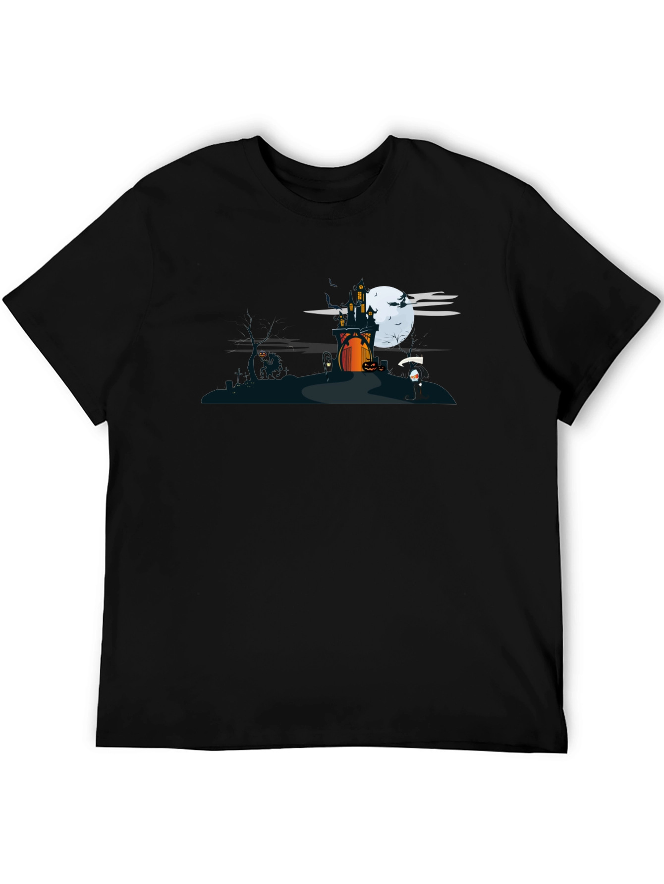 Halloween Black T-Shirt with Spooky Castle Design