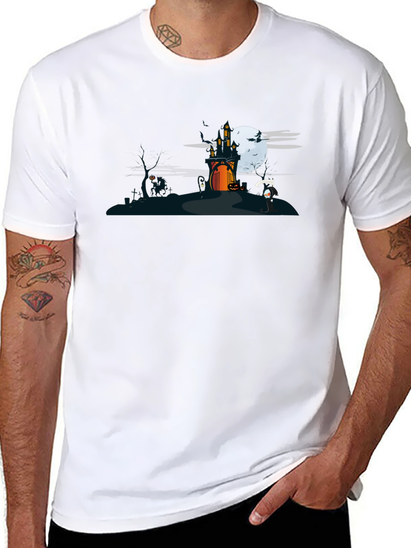 Halloween Black T-Shirt with Spooky Castle Design