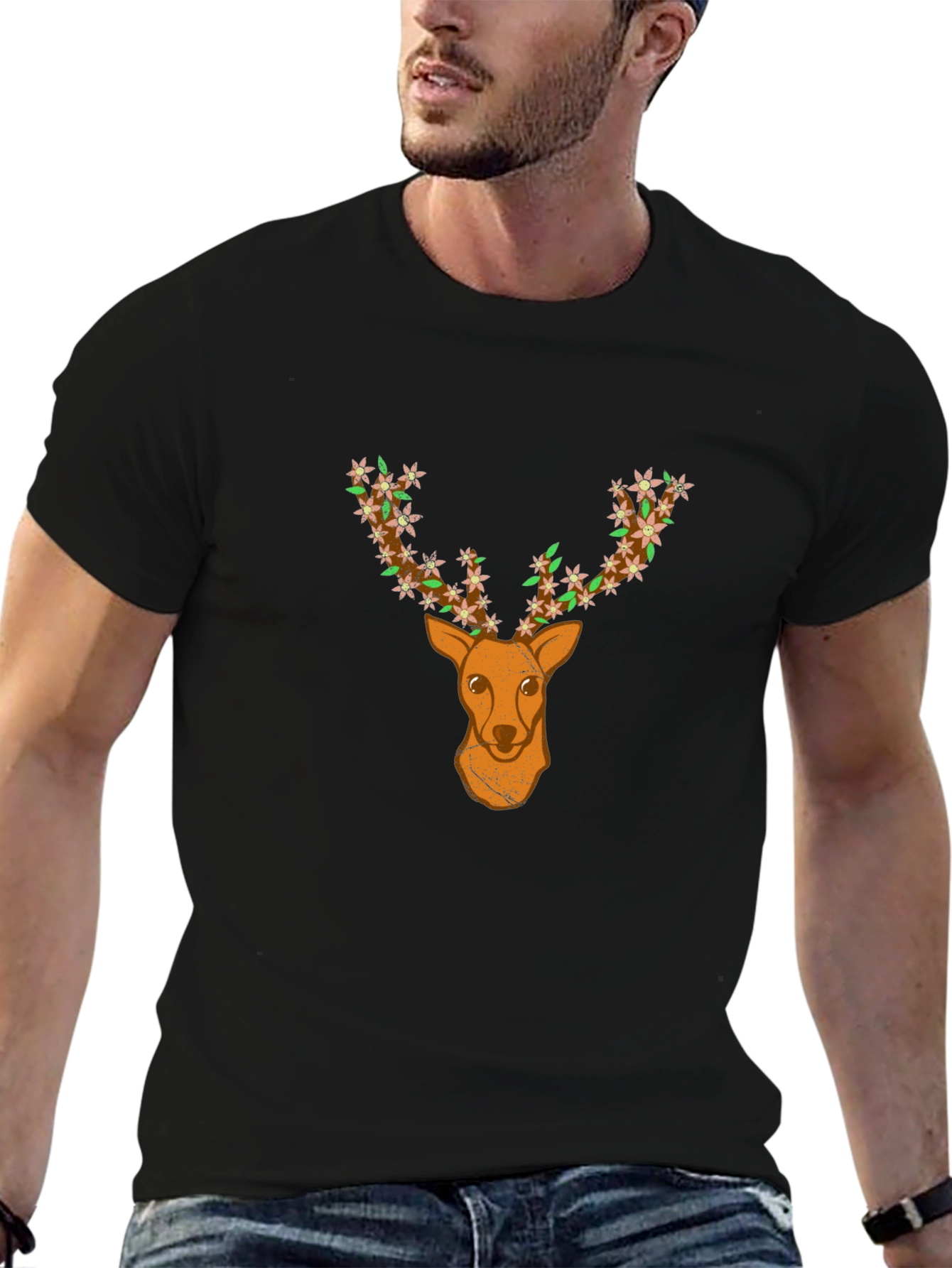 Floral Deer Head Graphic Black T-Shirt