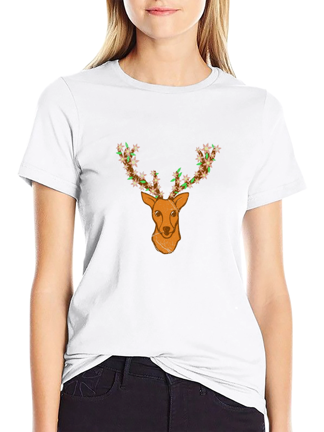 Floral Deer Head Graphic Black T-Shirt