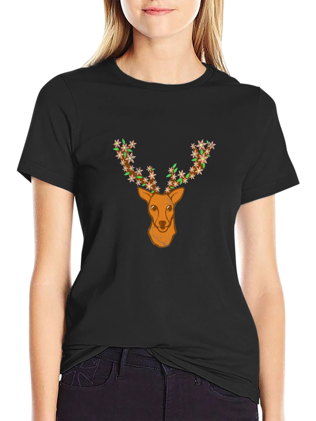 Floral Deer Head Graphic Black T-Shirt