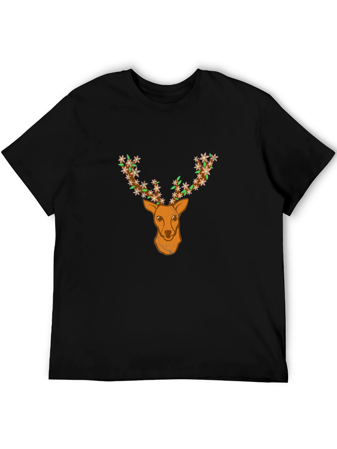 Floral Deer Head Graphic Black T-Shirt