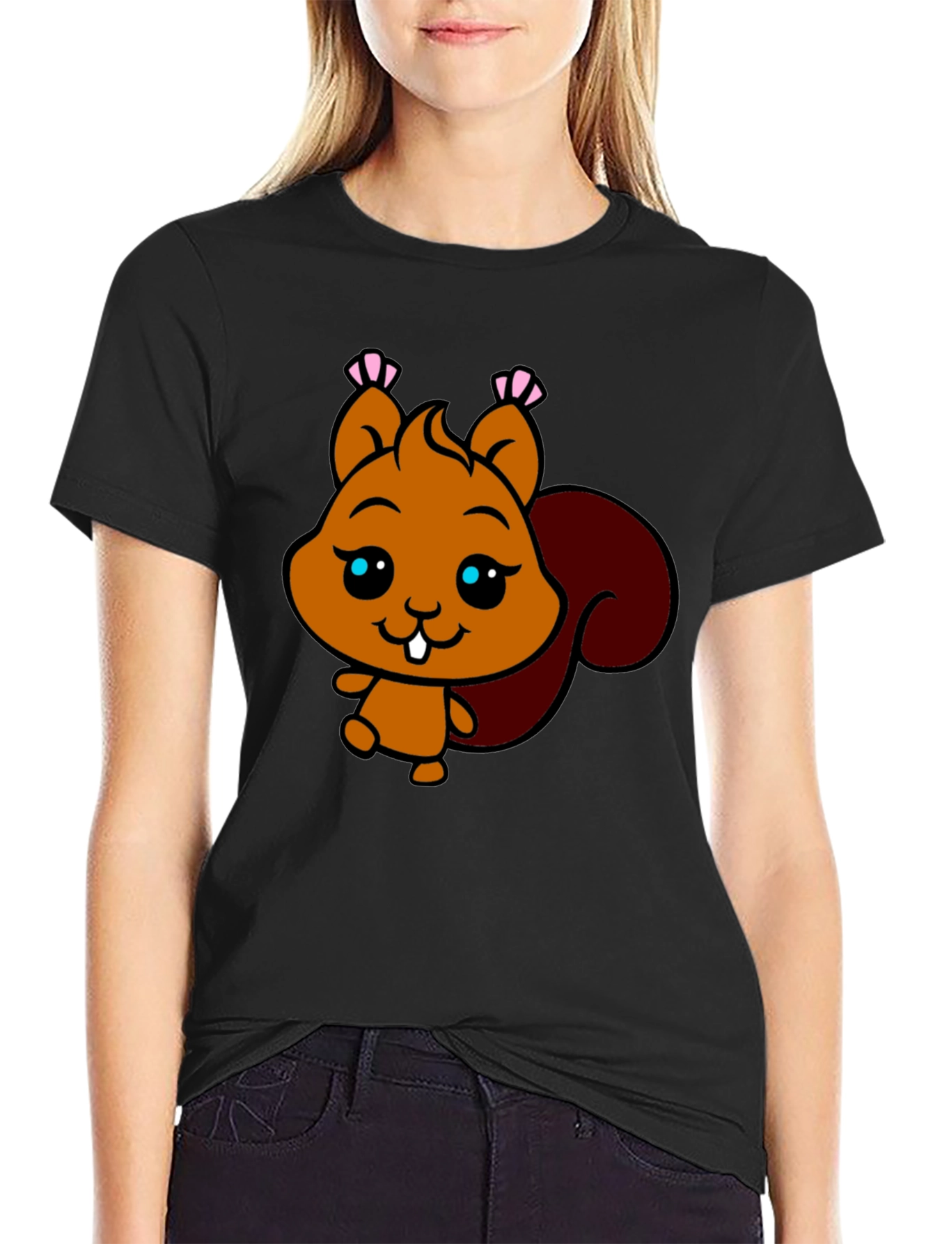 Cute Squirrel Graphic Tee - Black Cotton T-Shirt