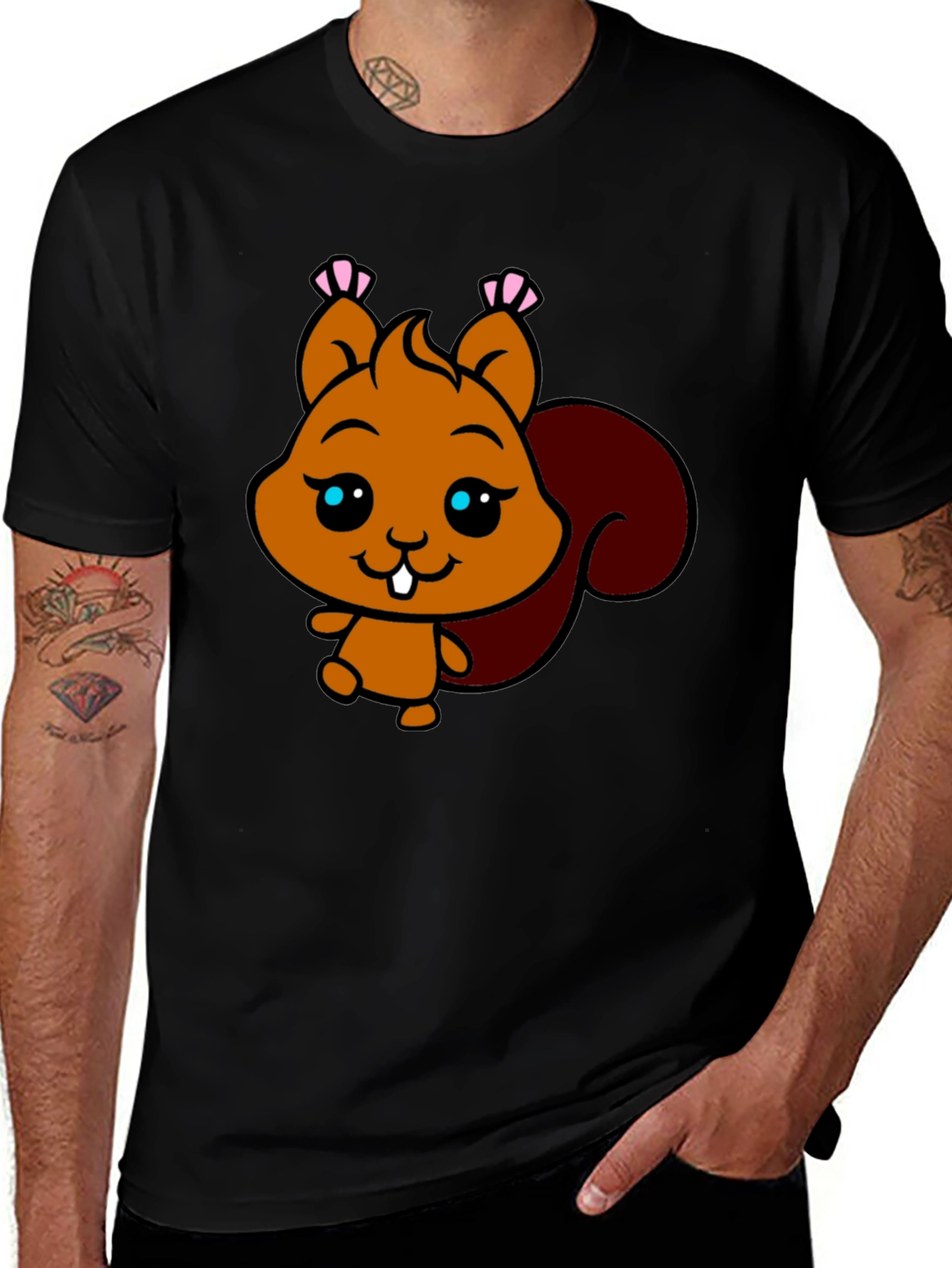 Cute Squirrel Graphic Tee - Black Cotton T-Shirt