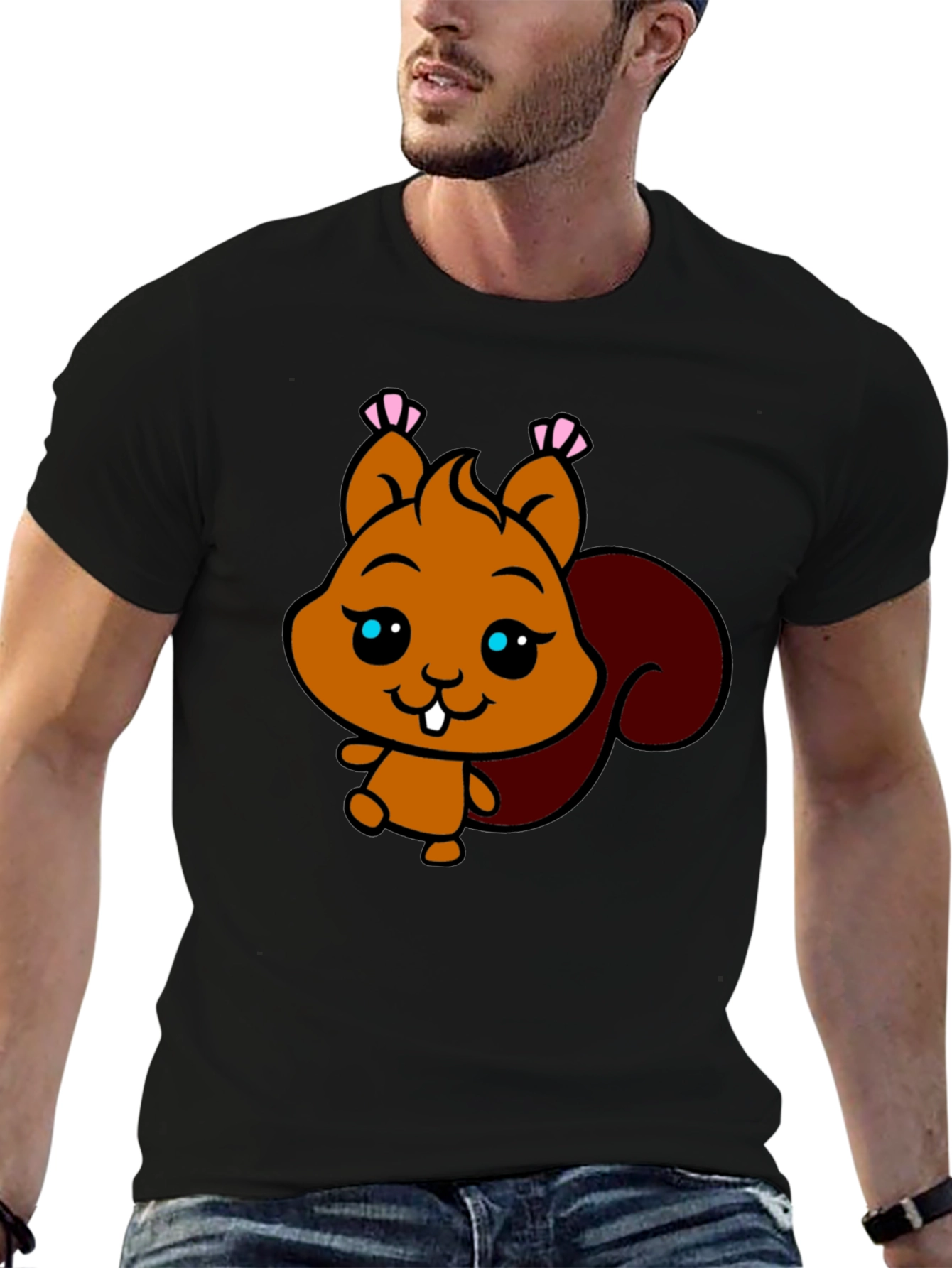 Cute Squirrel Graphic Tee - Black Cotton T-Shirt