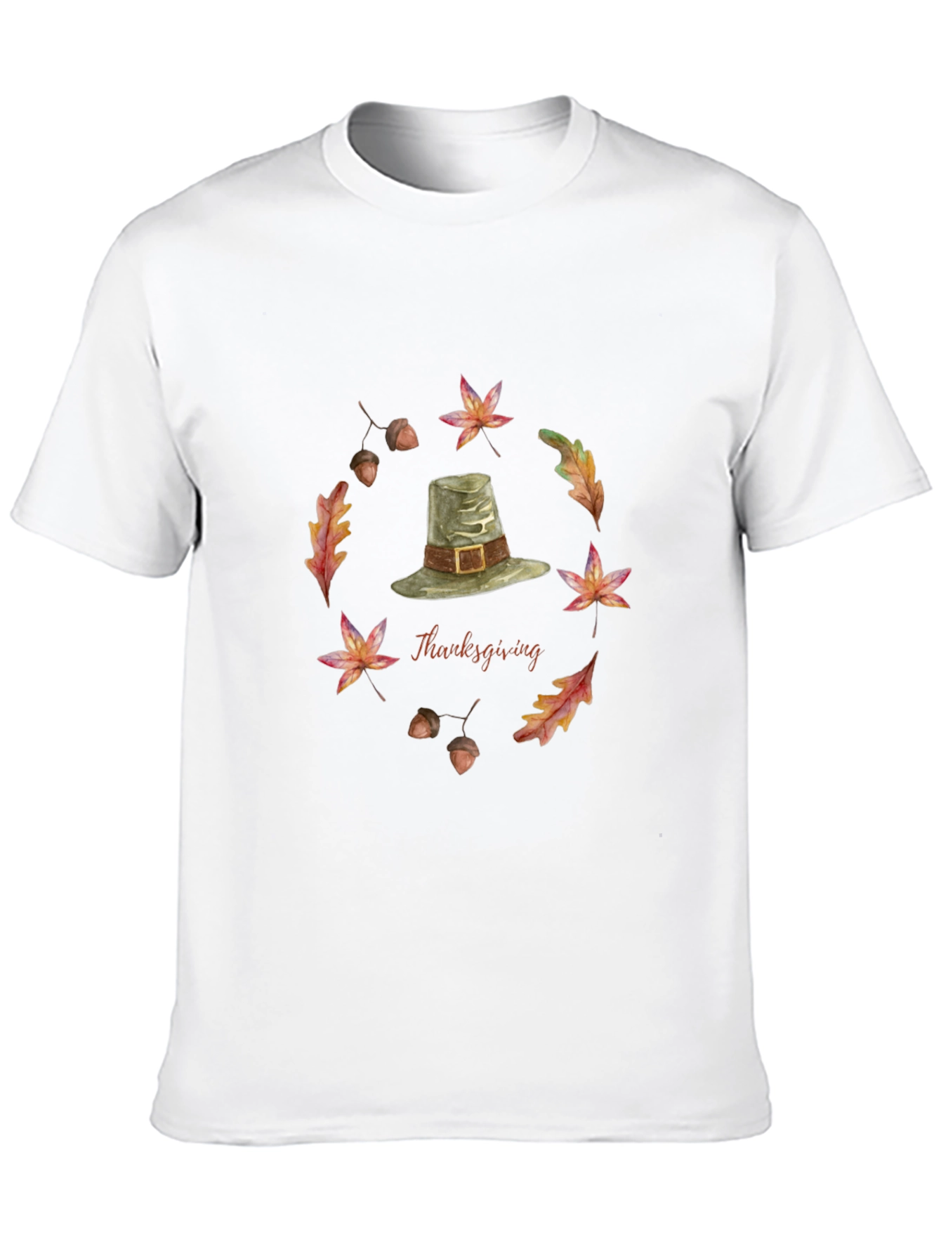 Thanksgiving T-Shirt with Pilgrim Hat and Autumn Leaves