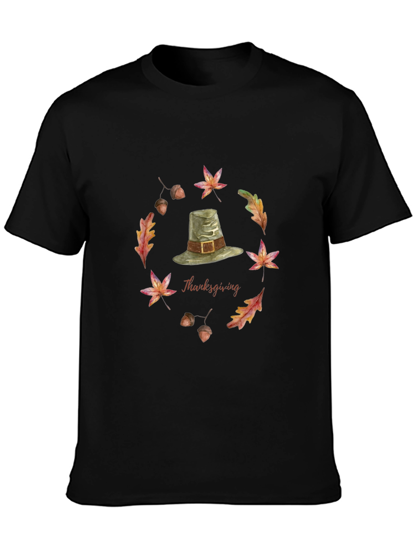 Thanksgiving T-Shirt with Pilgrim Hat and Autumn Leaves