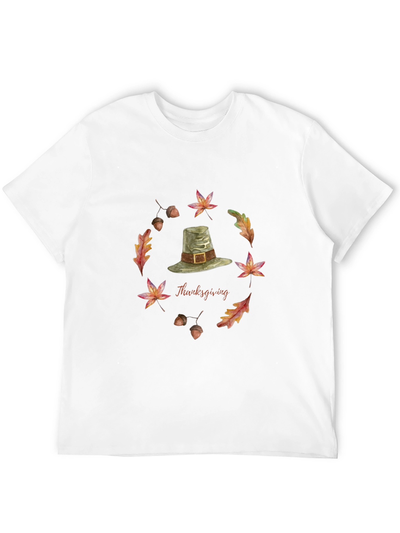Thanksgiving T-Shirt with Pilgrim Hat and Autumn Leaves