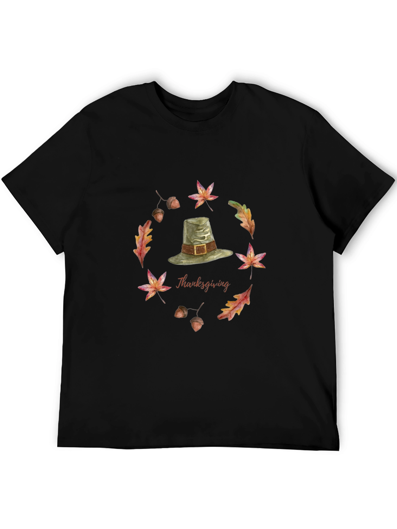 Thanksgiving T-Shirt with Pilgrim Hat and Autumn Leaves