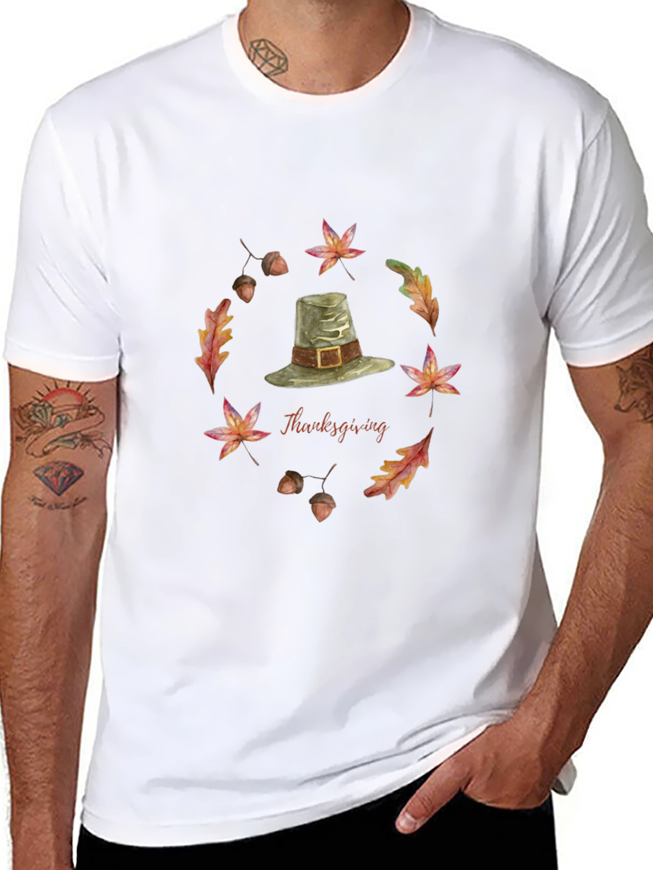Thanksgiving T-Shirt with Pilgrim Hat and Autumn Leaves