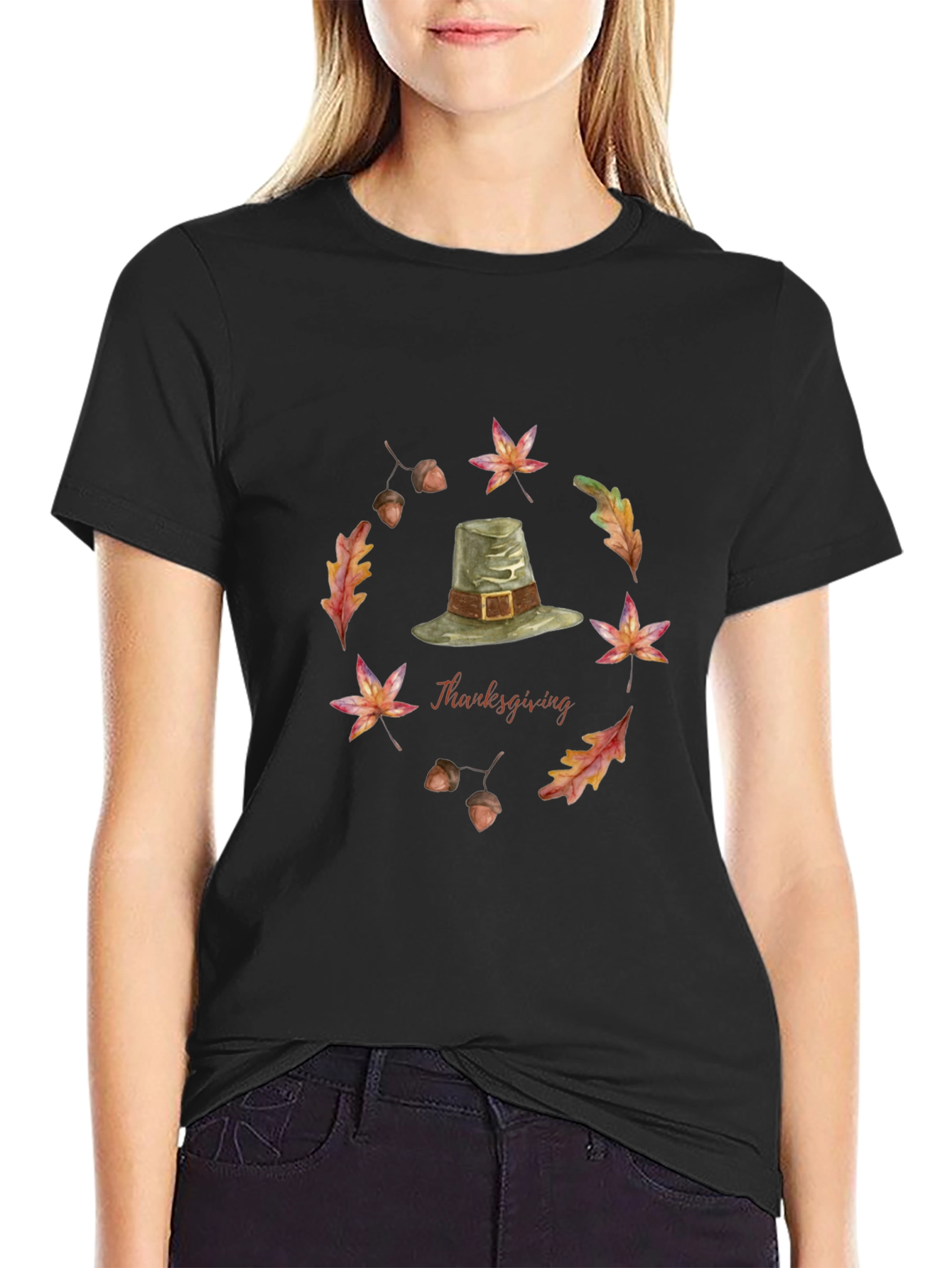 Thanksgiving T-Shirt with Pilgrim Hat and Autumn Leaves