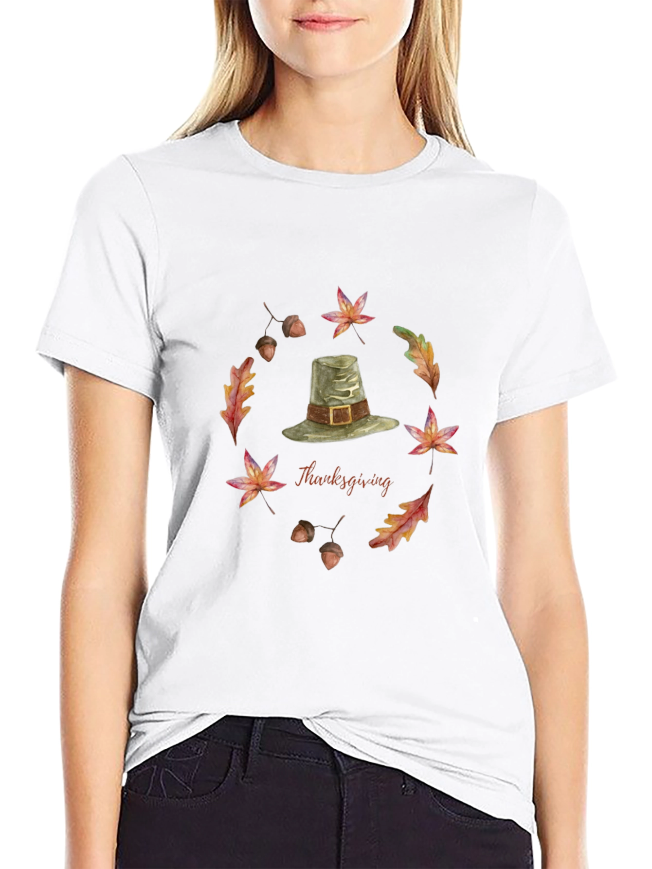 Thanksgiving T-Shirt with Pilgrim Hat and Autumn Leaves