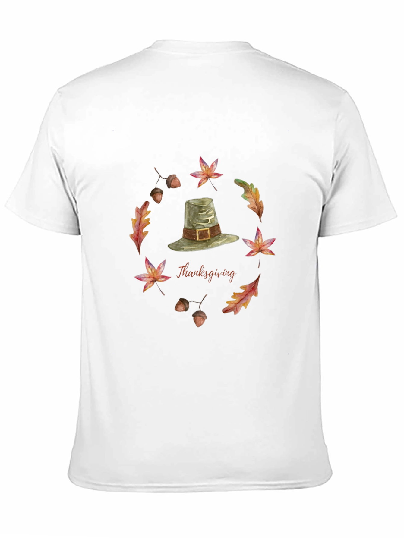Thanksgiving T-Shirt with Pilgrim Hat and Autumn Leaves
