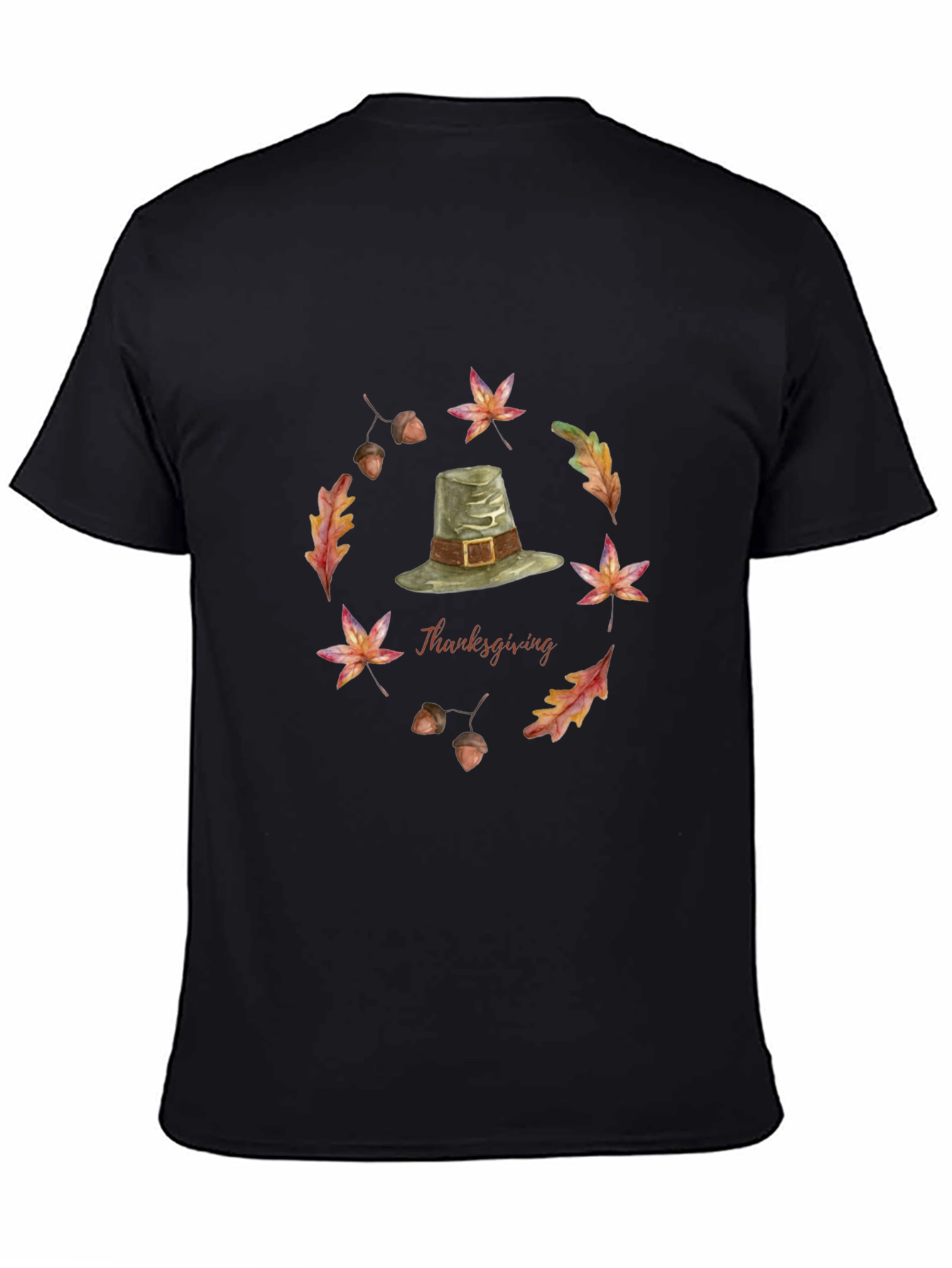 Thanksgiving T-Shirt with Pilgrim Hat and Autumn Leaves