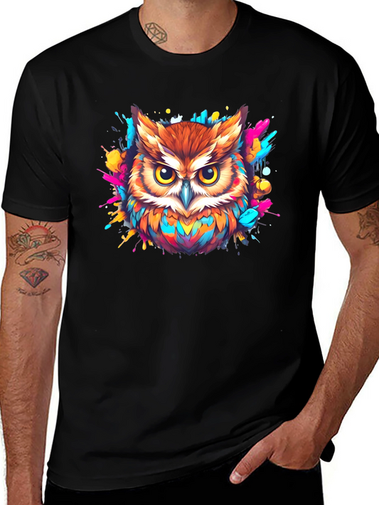Colorful Owl Graphic Print Black T-Shirt