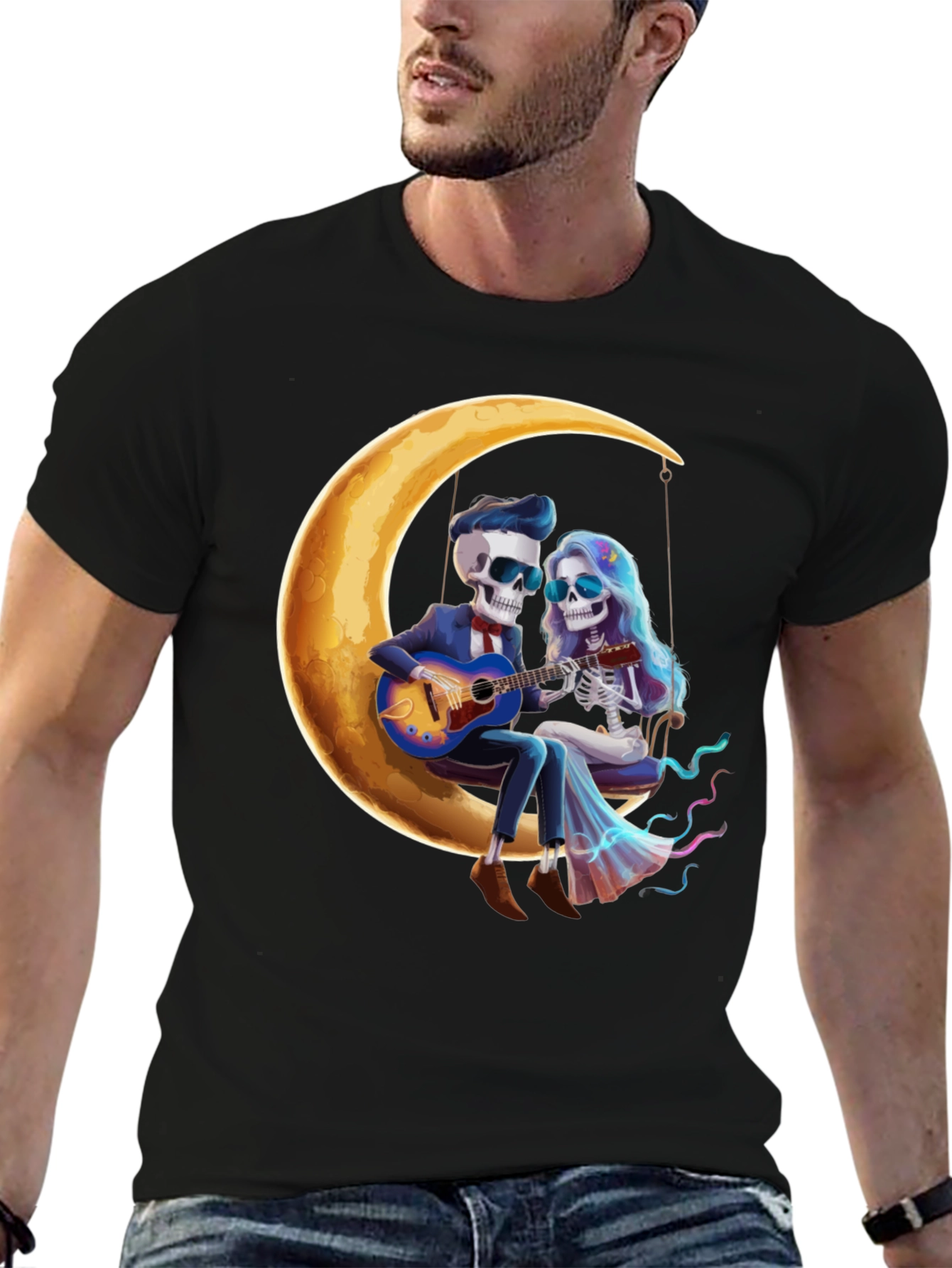 Skeleton Couple Moon Swing Graphic T-Shirt