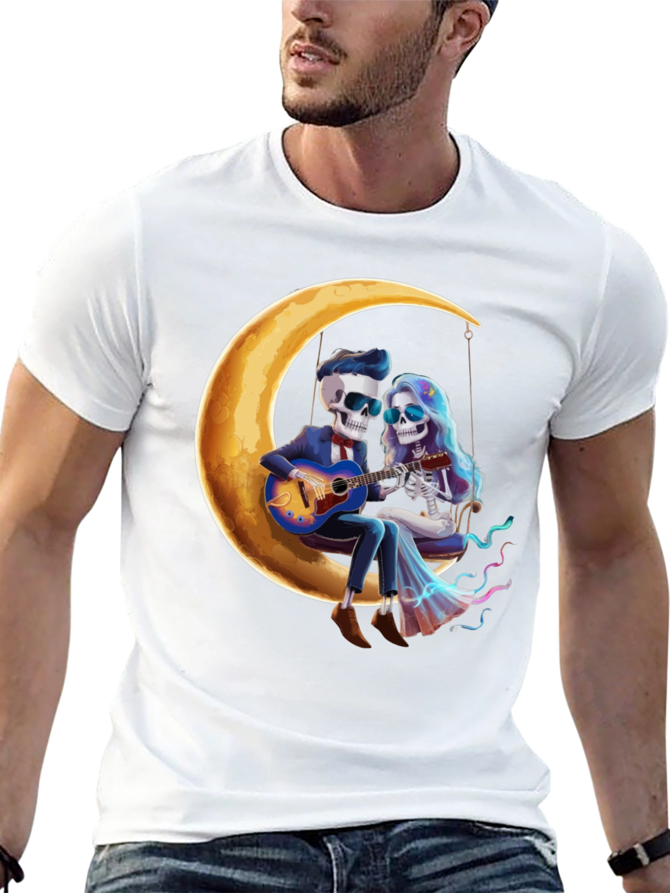 Skeleton Couple Moon Swing Graphic T-Shirt