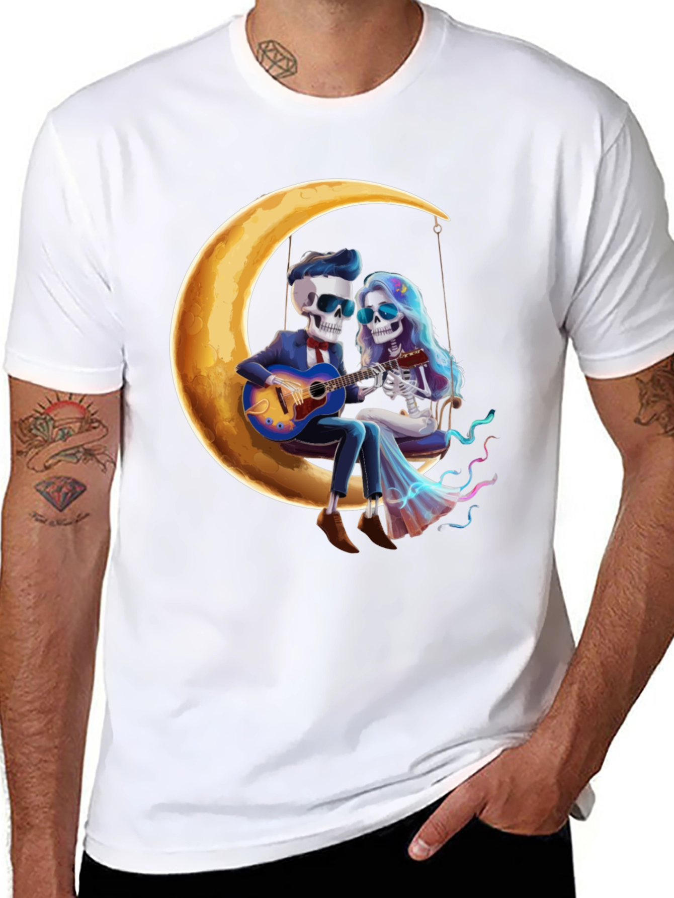 Skeleton Couple Moon Swing Graphic T-Shirt
