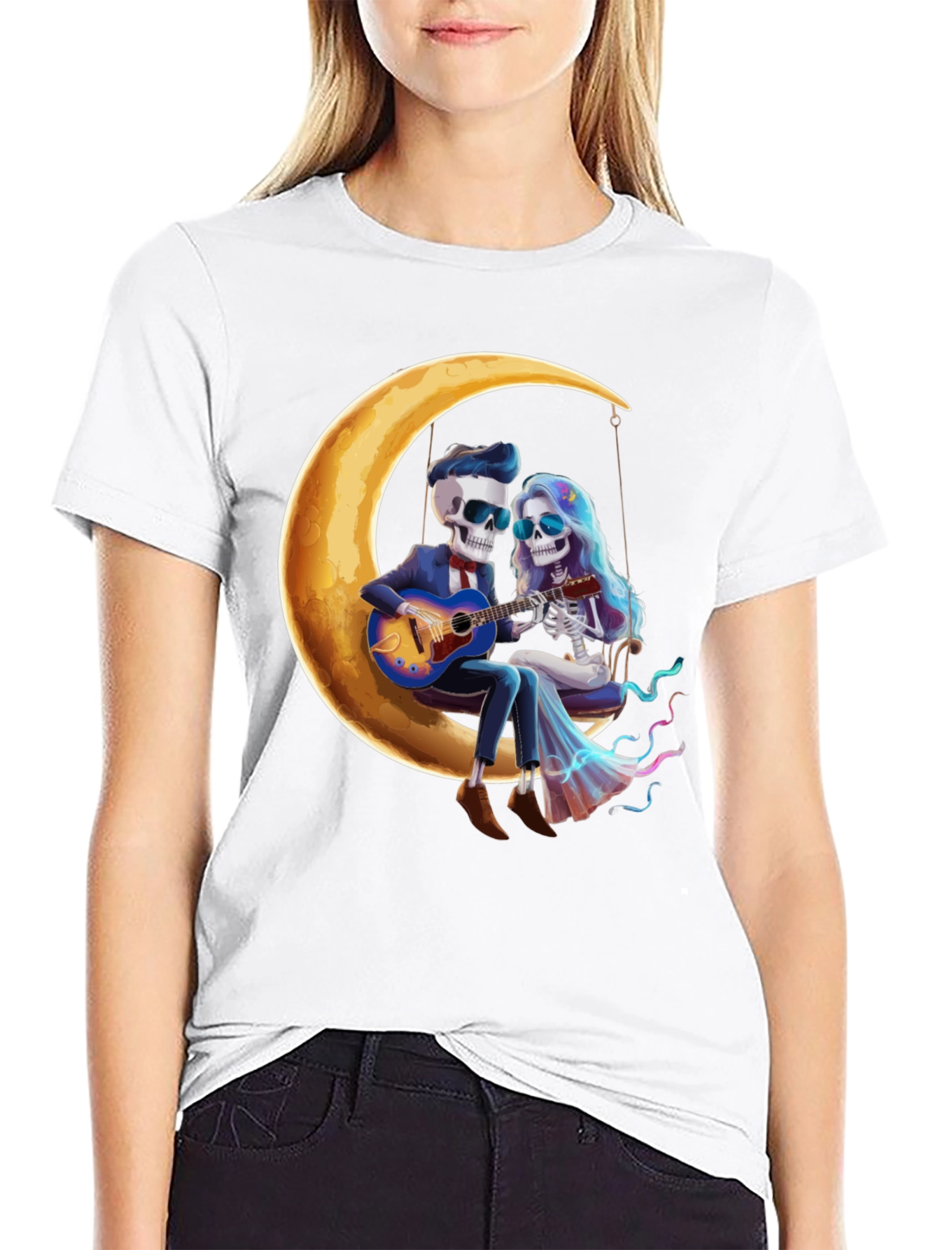 Skeleton Couple Moon Swing Graphic T-Shirt
