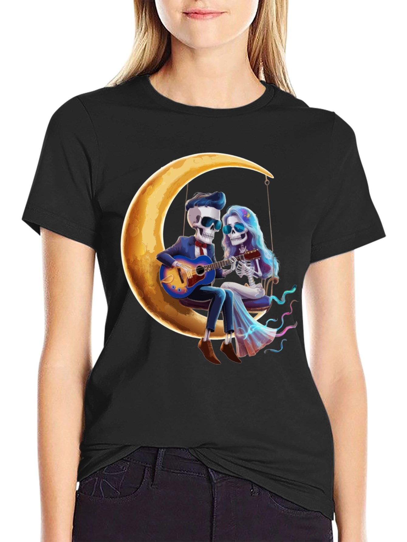 Skeleton Couple Moon Swing Graphic T-Shirt