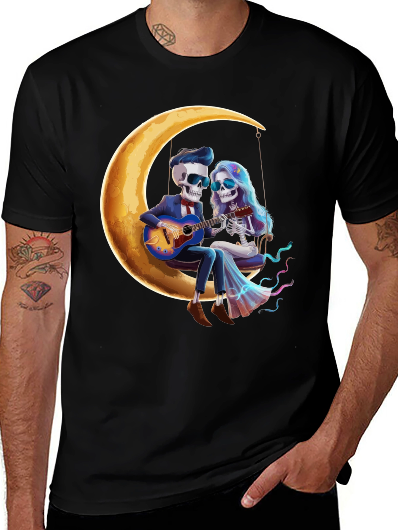 Skeleton Couple Moon Swing Graphic T-Shirt