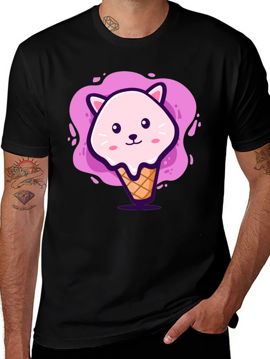 Cute Cat Ice Cream Graphic Tee - Unisex Black T-Shirt