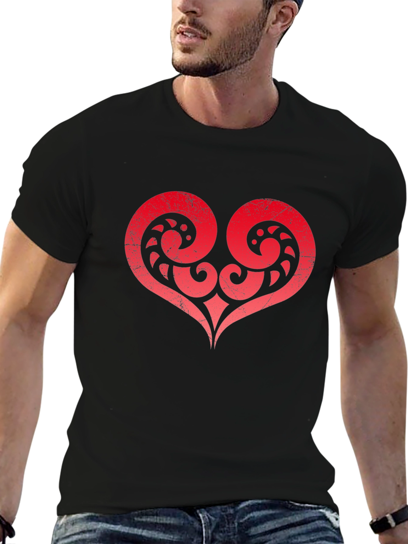 Red Tribal Heart Graphic Black T-Shirt