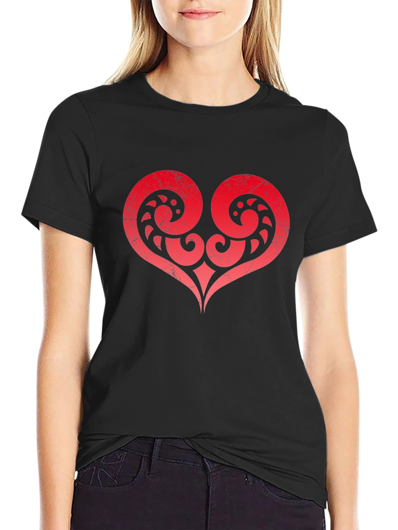 Red Tribal Heart Graphic Black T-Shirt