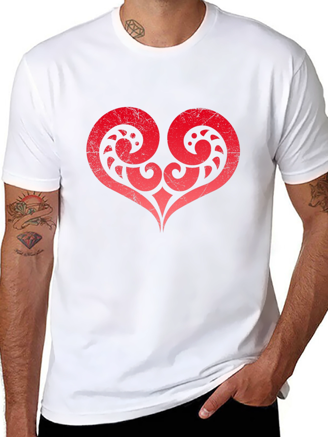 Red Tribal Heart Graphic Black T-Shirt