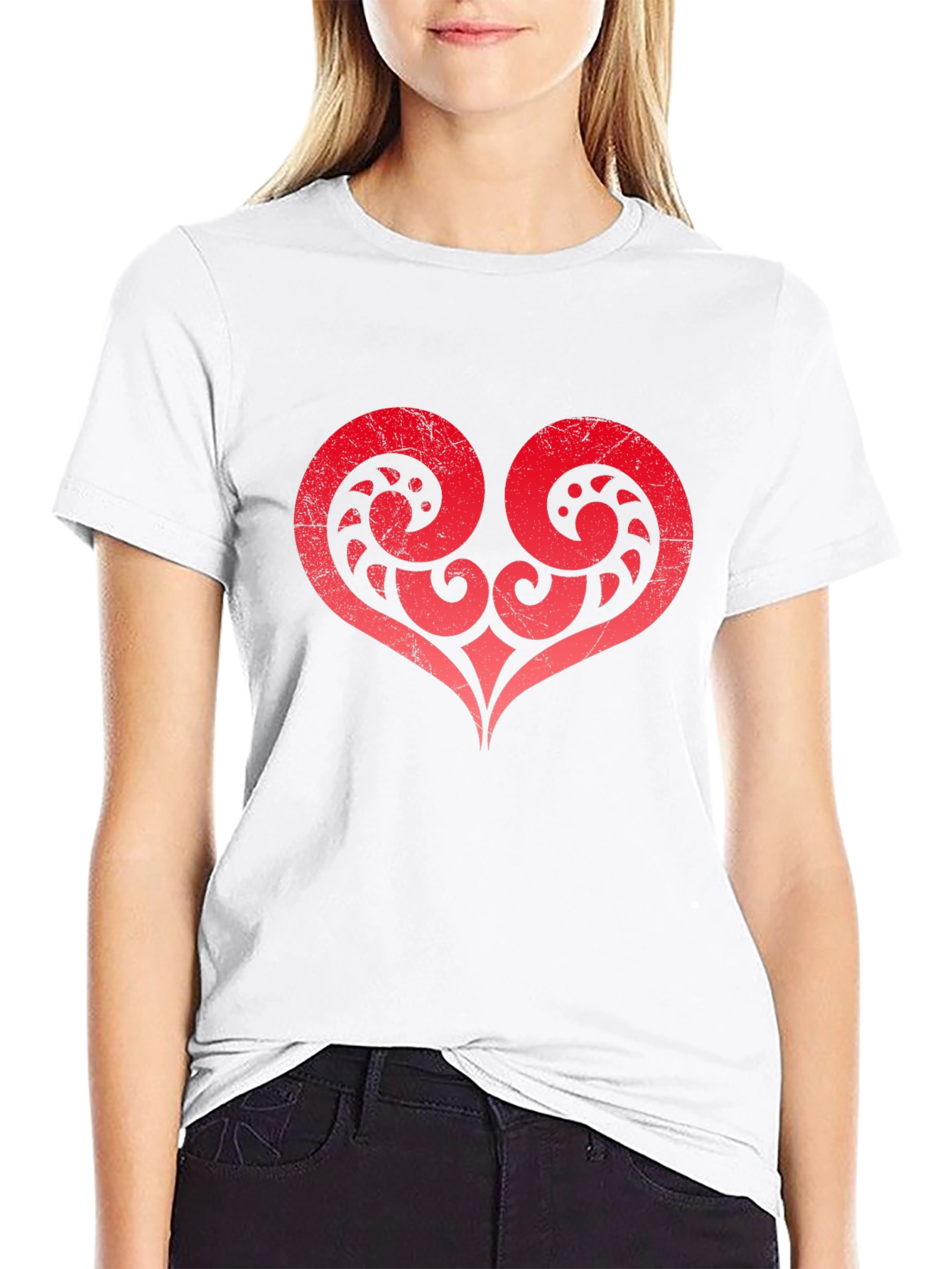 Red Tribal Heart Graphic Black T-Shirt