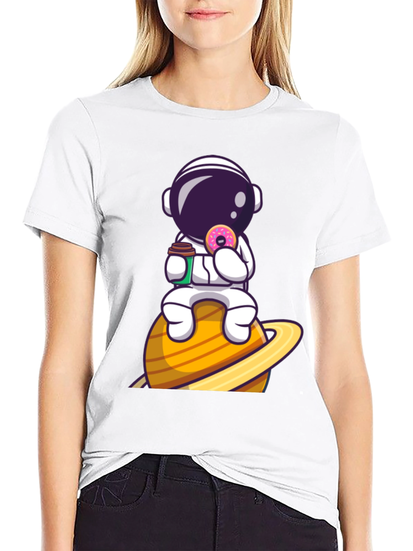 Astronaut on Saturn Black Graphic T-Shirt