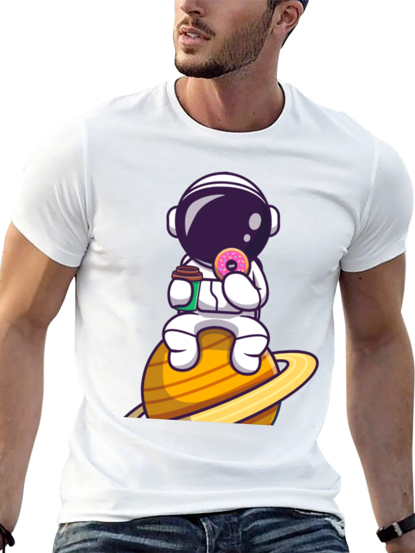 Astronaut on Saturn Black Graphic T-Shirt