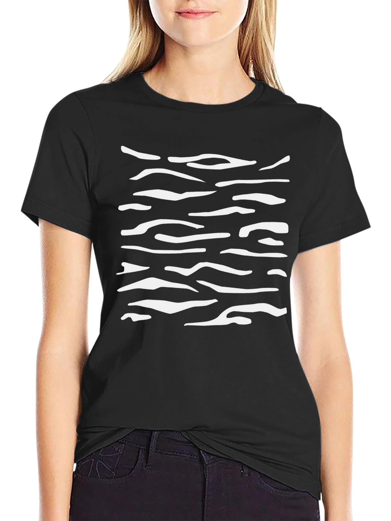 Mens Black T-Shirt with White Abstract Stripes
