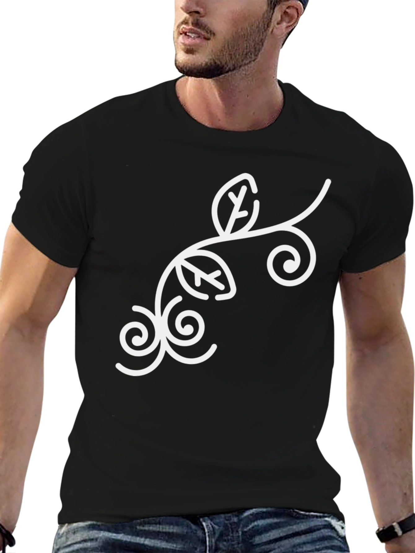 Stylish Black Tee with Floral Swirl Design