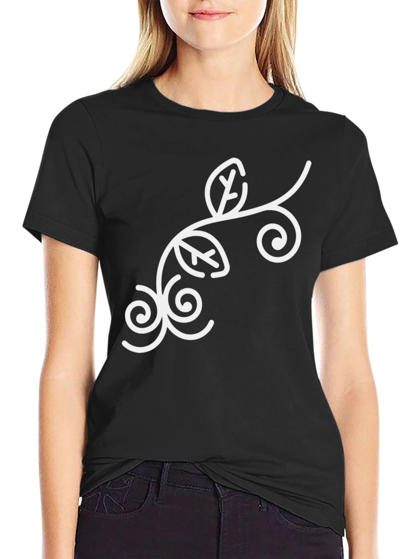 Stylish Black Tee with Floral Swirl Design