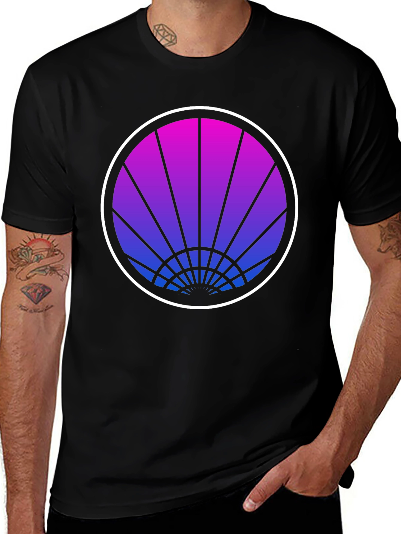 Retro Sunrise Graphic Tee - Black Cotton T-Shirt