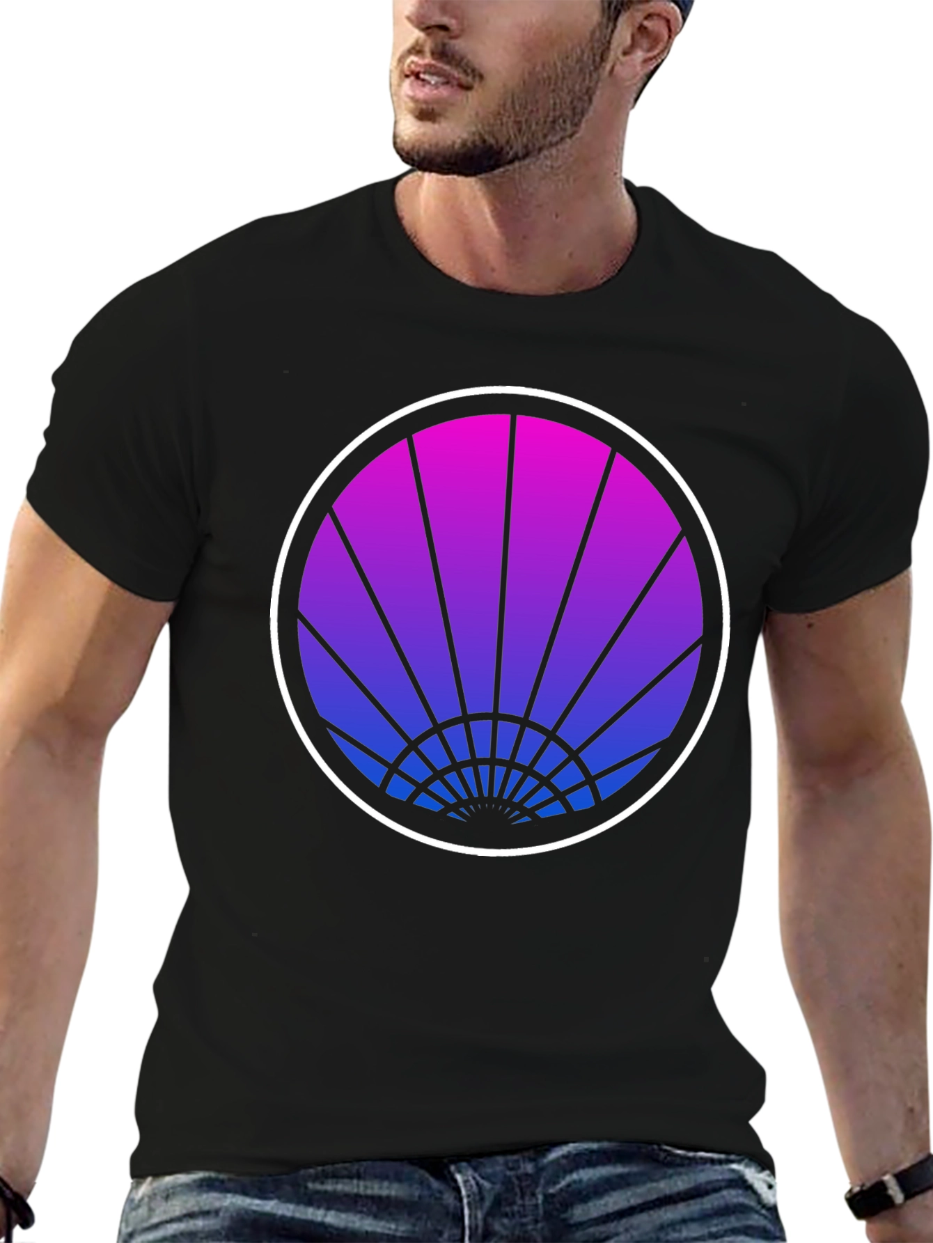 Retro Sunrise Graphic Tee - Black Cotton T-Shirt