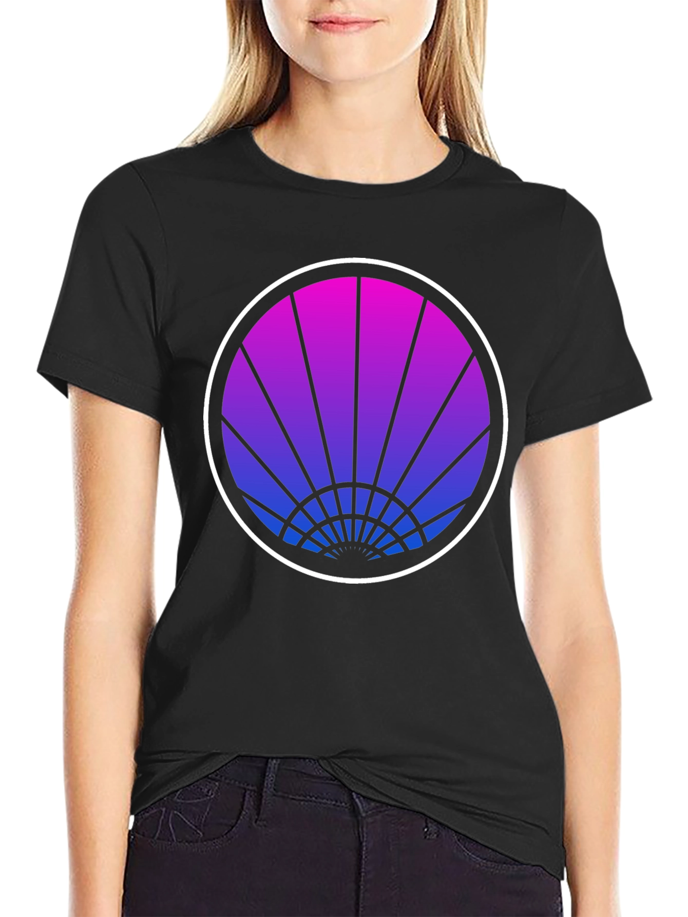 Retro Sunrise Graphic Tee - Black Cotton T-Shirt