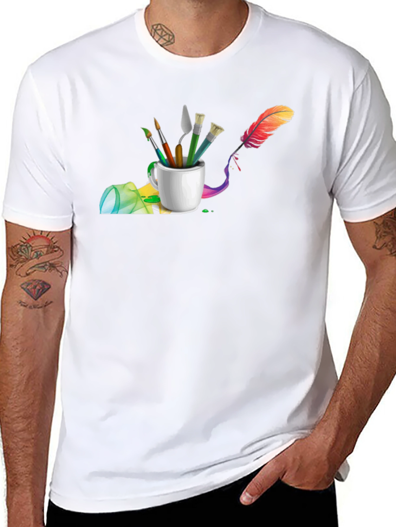 Artistic Brush & Feather Graphic T-Shirt
