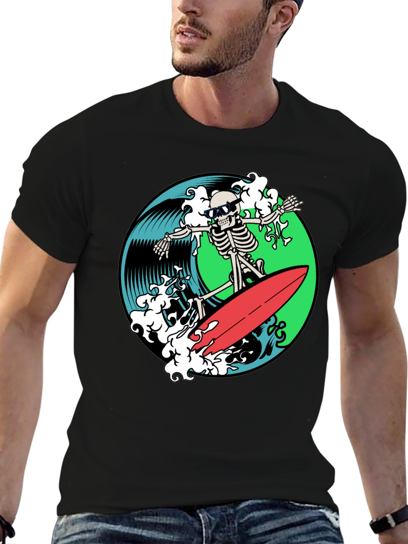Skeleton Surfer Graphic T-Shirt - Black