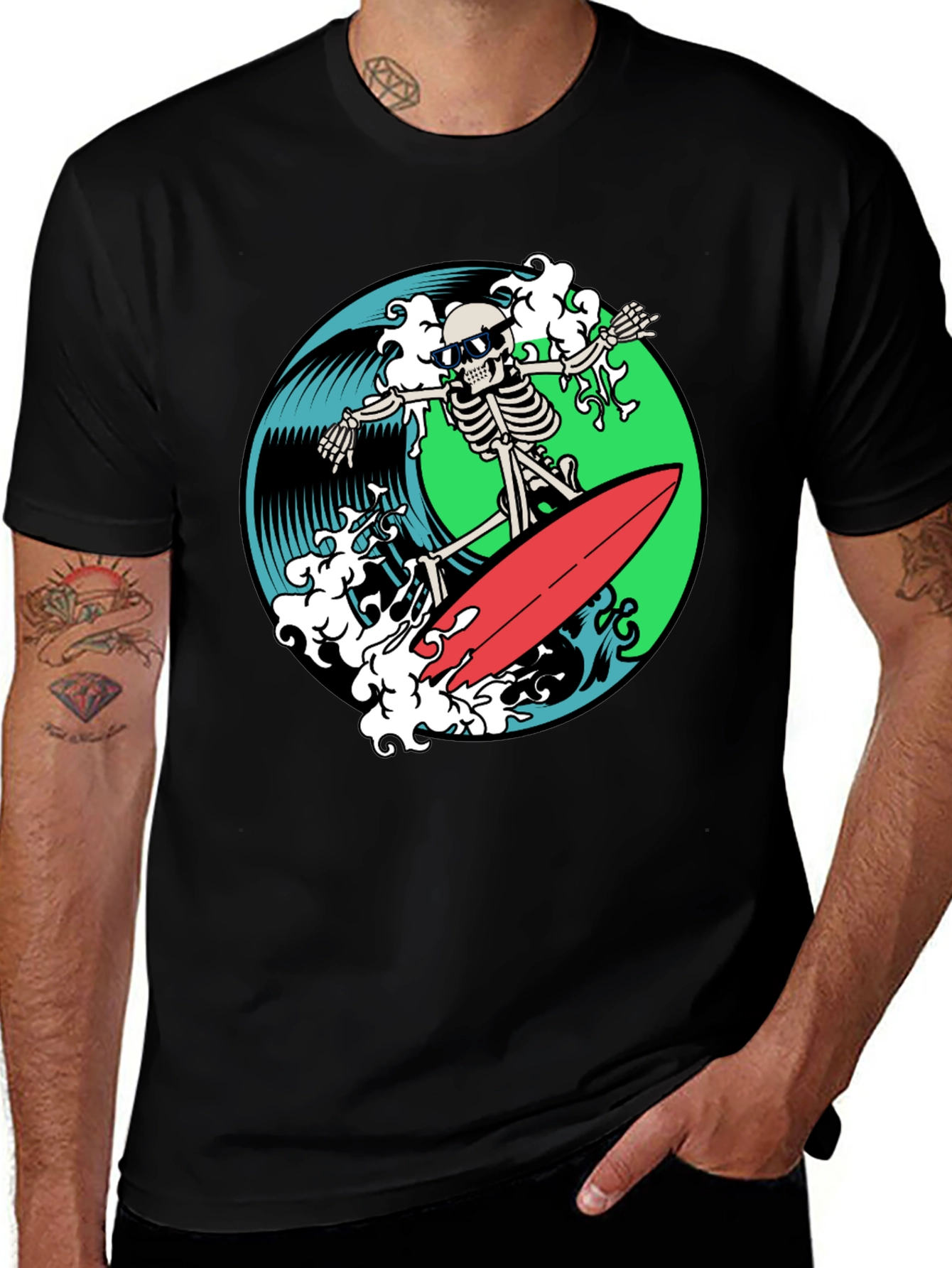 Skeleton Surfer Graphic T-Shirt - Black